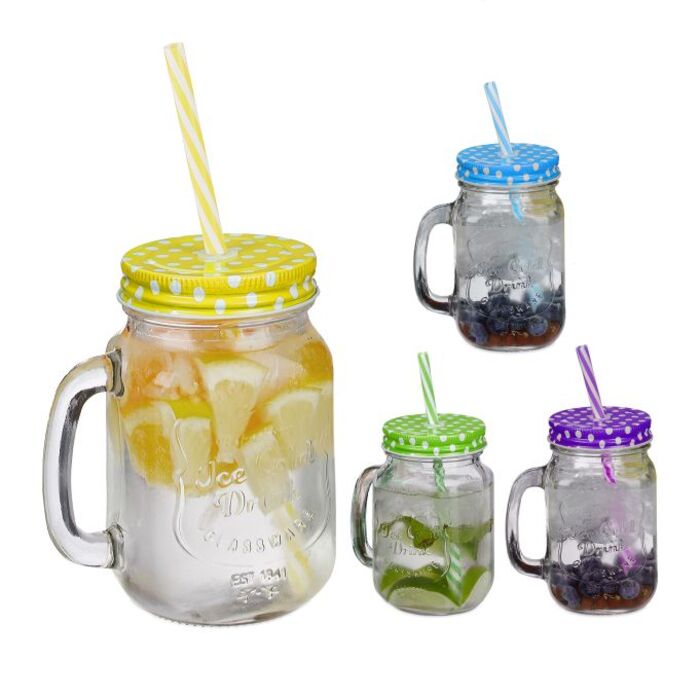Relaxdays Set of 4 Colorful Drinking Glasses with Lids