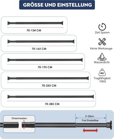 Штанга для душу без свердління, штанга для ванни, нержавіюча сталь, телескопічна, 70-195 см, чорна