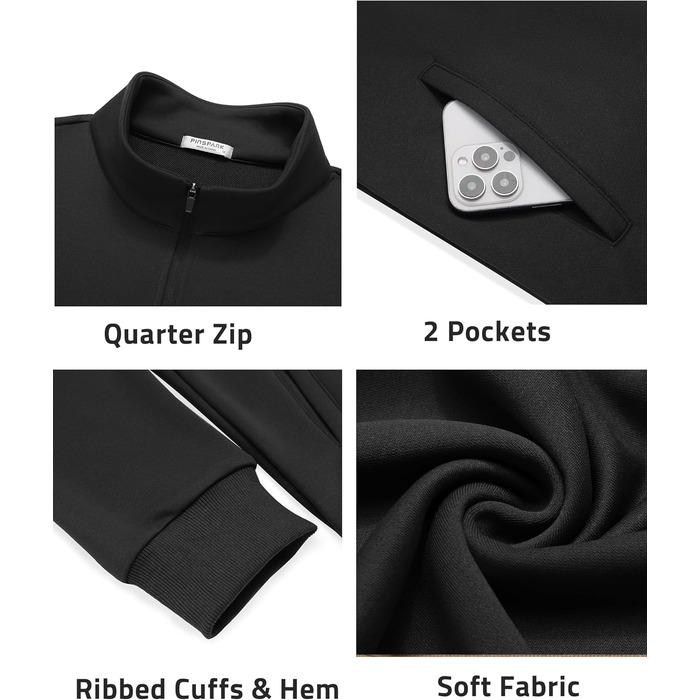 Світшот чоловічий PINSPARK з ¼ блискавкою, довгим рукавом, без капюшона, чорний, XL