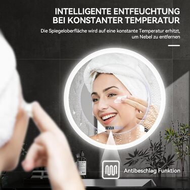 Дзеркало для ванної кімнати YOURLITE з підсвічуванням, діаметр 60 см, LED, сенсорне керування, 3 кольори світла, регулювання яскравості, антизапар, пам'ять, годинник, білий