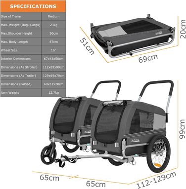 Універсальний візок для собак Tiggo VS Pets 2в1: візок та велосипедний причіп, сірий