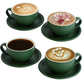 Набір кавових чашок Капучіно Yundu 4шт по 300мл - керамічні чашки з блюдцями, матові темно-зелені відтінки для лате-арту та бариста, великий набір мока чашок та блюдець