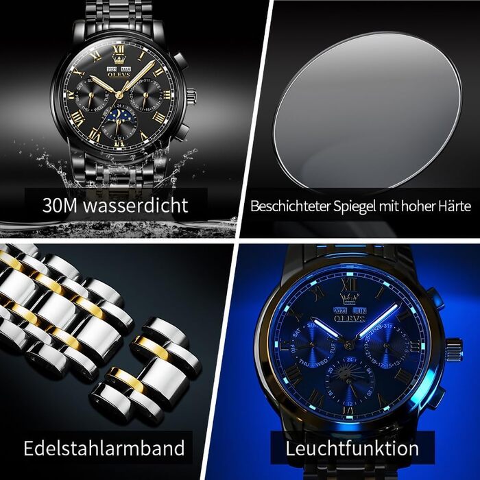 Чоловічий механічний годинник OLEVS 6692 з автопідзаводом: золотистий корпус, чорний циферблат та ремінець, фаза місяця, водонепроникний, люкс бізнес-стиль