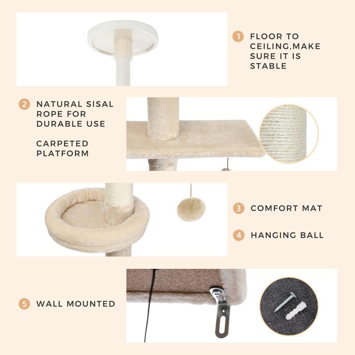 Комплекс для котів PAWZ Road, 5-ярусний, з драбиною, з когтеточкою, ліжком та іграшками, бежевий