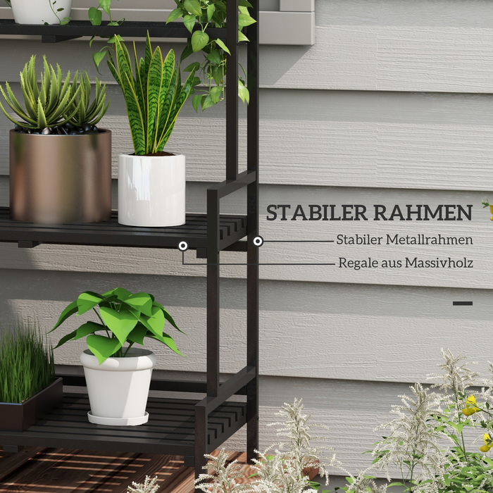 Outsunny 3-Tier Plant Stand Flower Stand with 6 Hooks, Black Steel Plant Ladder, 110x50x170cm for Garden and Balcony