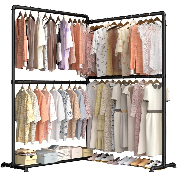 Міцна вішалка для одягу LOEFME з обертовими бічними панелями, металева стійка для одягу з полицею для зберігання, чорного кольору, 150 кг вантажопідйомність
