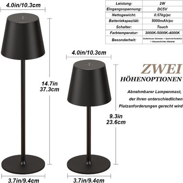 Акумуляторна настільна лампа LED бездротова з USB-C зарядкою, димується, 3 режими світла, чорна - для дому, кемпінгу