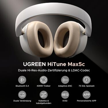 Навушники UGREEN HiTune Max5c Bluetooth Over-Ear з активним шумозаглушенням, Hi-Res Audio, LDAC, 75 годин роботи, Bluetooth 5.4, об'ємний звук, EQ в додатку, Dual Connection (Білий/Чорний)