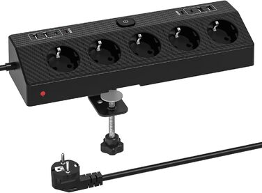 Мережевий фільтр PASSUS з 5 розетками, 2 USB-C (PD 30W), захист від перенапруги, індивідуальне вмикання, 10-в-1, з кабелем 2м, для офісу, чорний