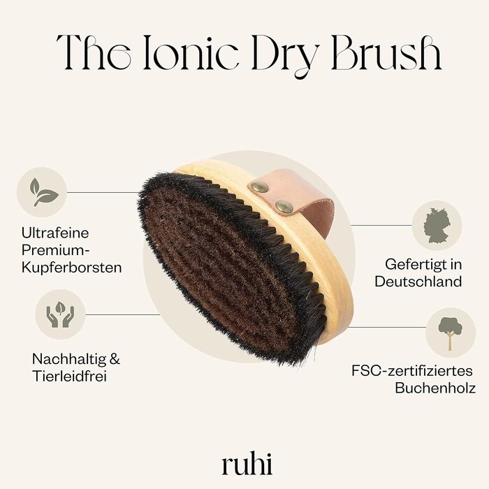RUHI Body Brush/Dry Brush SOFT 100% Natural Bristles/Made in Germany, regional beechwood & plastic-free for dry brushing massage (dry brush), lymphatic drainage against cellulite (wood color, beige, black)