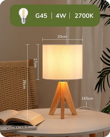 Настільна лампа EDISHINE 2 шт. з дерева, LED, з абажуром з льону кольору бежевого, патрон E27, з лампочкою, вінтажний дизайн, для спальні, вітальні, подарунок