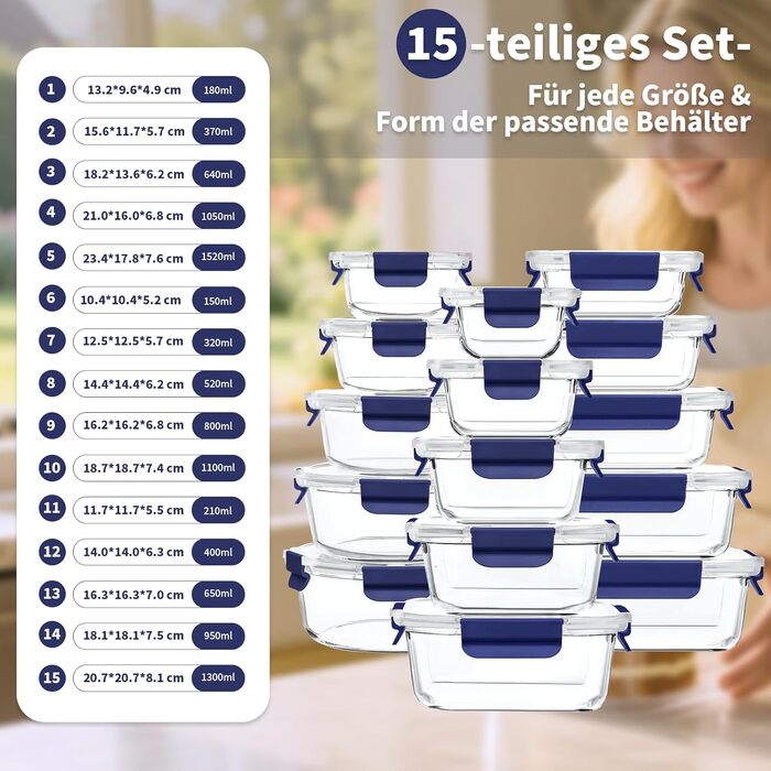 Набір скляних контейнерів для зберігання їжі, 10 шт., з кришками з преміум-пластику, герметичні, BPA-free, блакитні