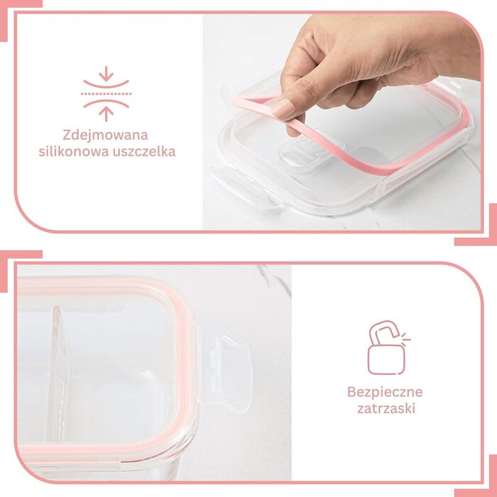 Контейнери для їжі Winter Shore скляні з 2 відділеннями (5 шт) - BPA-free, герметичні, для мікрохвильовки та морозилки (рожеві)