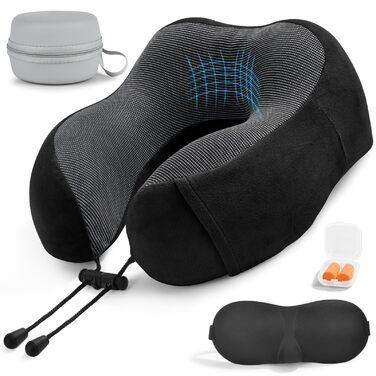 Подушка для шиї в літак, доросла, Memory Foam, регульована, компактна, з навушниками, маскою для сну та чохлом (чорна)