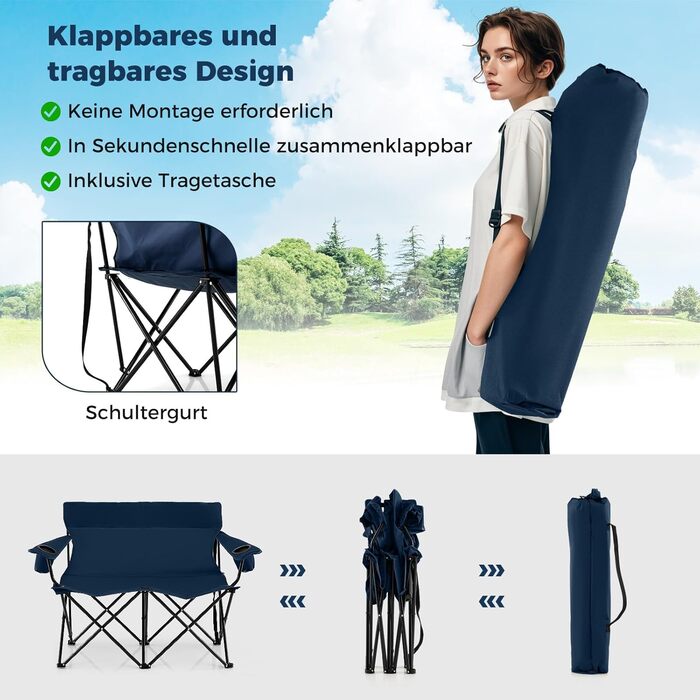 Крісло для кемпінгу Costway на 2 особи, розкладне з підсклянниками та підлокітниками, 300 кг, з сумкою, для кемпінгу, пікніка, риболовлі (Блакитний)