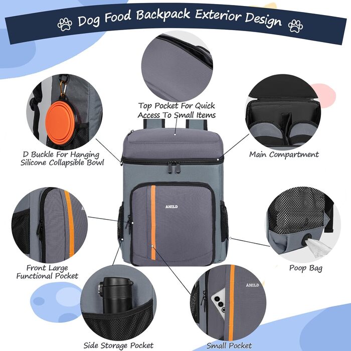 Чорний рюкзак для собак ANILD: TSA-сертифікований, з контейнерами для їжі та напування, органайзером для подорожей та кемпінгу