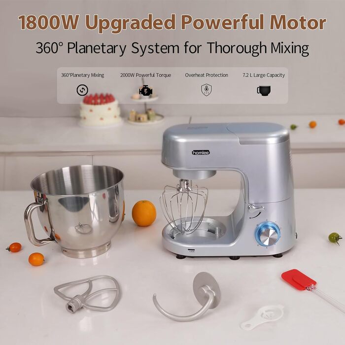 Кухонна машина-міксер 1800W з чашею 7.2L з нержавіючої сталі, 6 швидкостей, низький шум, багатофункціональна (срібна)