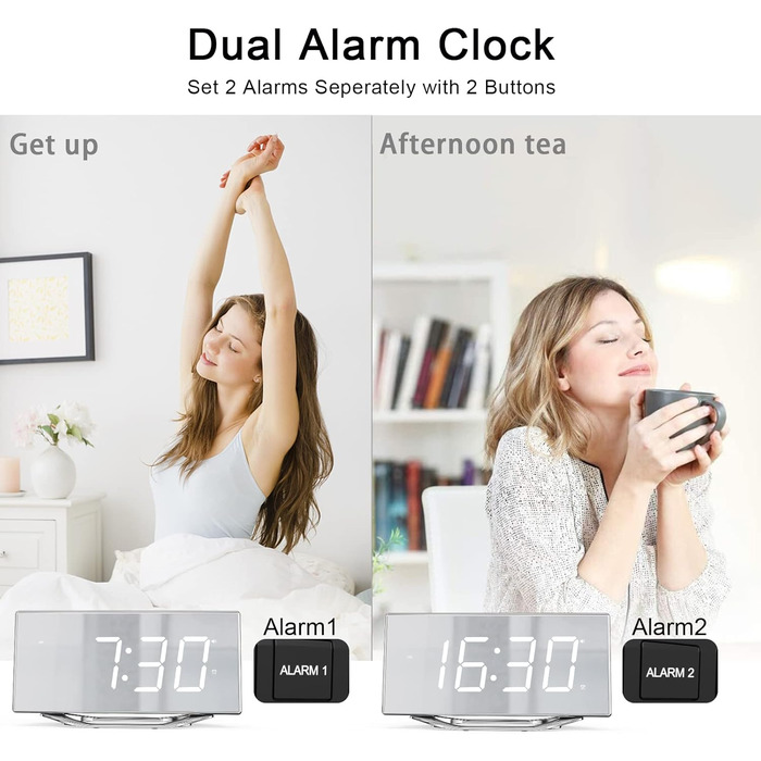 ROCAM Loud Alarm Clock for Deep Sleepers, Vibration Alarm Clock for the Hard of Hearing, 8.7'' Display Digital Alarm Clock, USB Charger, 12/24H, Dual Alarm, Snooze, Dimmer, Battery Backup