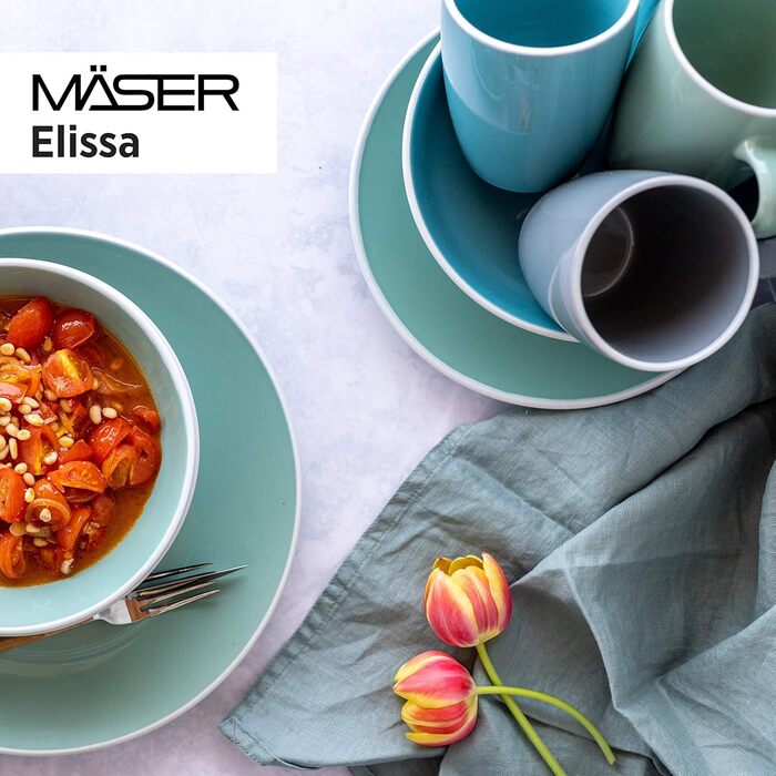 MÄSER 931844 Elissa Series Modern Dinnerware Set for 6 People in Blue with White Rim, 24-Piece Combination Service, Stoneware