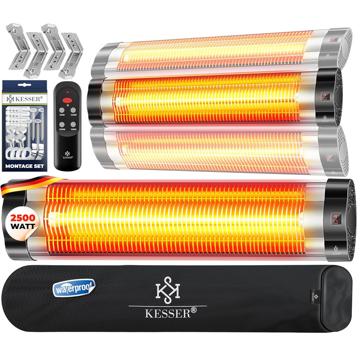 Інфрачервовий обігрівач KESSER® 2500W з пульт дистанційного керування, 3 режими, миттєвий нагрів, кріплення на стіну, для тераси, кварцовий, з захисним чохлом, таймер, антрацит (срібло)