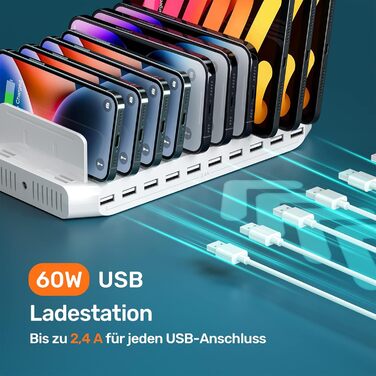 Зарядний пристрій Alxum 60W USB, 10 портів, для телефонів, планшетів, Kindle - білий