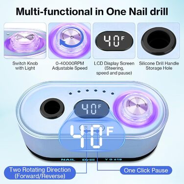 Електрична шліфувальна машинка для нігтів, професійна, 40000 об/хв, LCD манікюр/педикюр, набір з багатофункціональною базою, портативна, з підсвічуванням, сенсорне керування (Світло-блакитний)