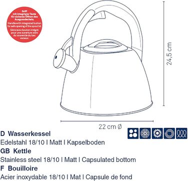 Ке́ла чайник індукційний 2.4л, з свистком, нержавіюча сталь, для всіх типів плит, з безпечним відкриванням кришки кнопкою, VITUS, чорний матовий