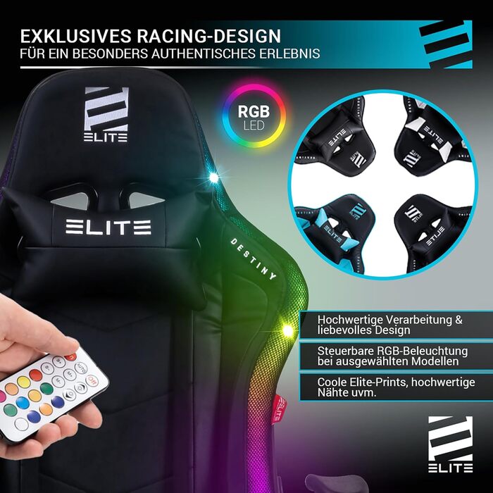Геймерське крісло ELITE LED Destiny: ергономічне офісне крісло з RGB підсвіткою, штучна шкіра (чорно-біле)
