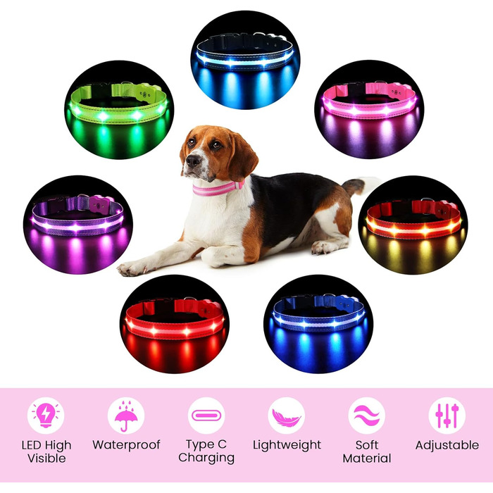 Світлодіодна нашийник для собак ASBRILL, зарядний, 7 кольорів RGB, 8 світлодіодів, регульований, водонепроникний, для маленьких, середніх та великих собак, (L, рожевий)