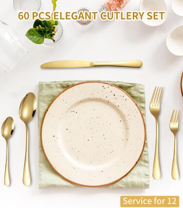 12-Person Cutlery Set, 60-Piece Gold Stainless Steel Cutlery Sets, Elegant Dinnerware Cutlery, High-Gloss Polished and Dishwasher Safe, with Knife, Fork, and Spoon, for Home, Party, Restaurant