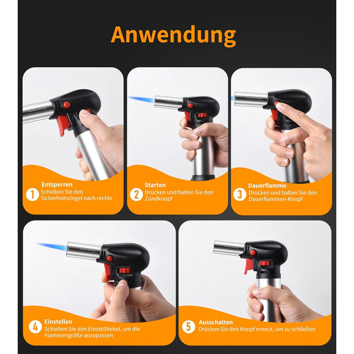 Пальник Бусен для приготування крем-брюле, приготування їжі, кемпінгу, кулінарії та хобі, сріблястий (бутан не входить до комплекту)