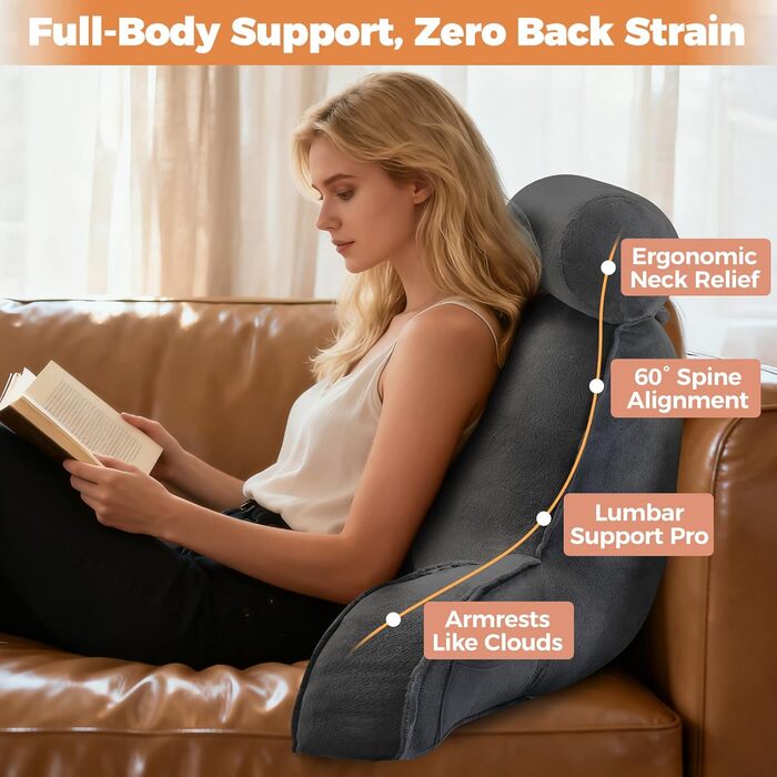 Лежак для ліжка OZMI, велике крісло-подушка 61 см з підголівником для читання, відпочинку та перегляду телевізора, чорний