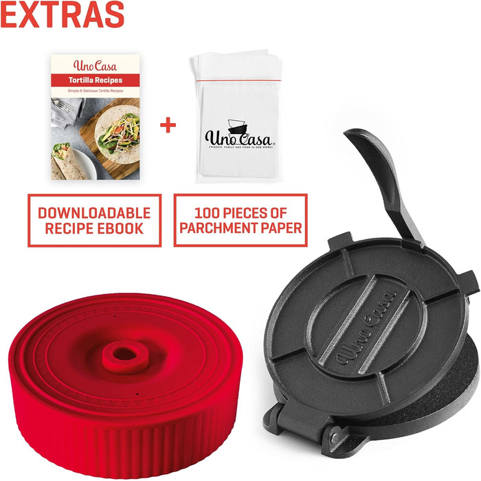 Cast Iron Tortilla Press - Taco & Roti Maker with 100 Sheets of Baking Paper - 8 Inch Kitchen Gadget for Tortillas, Roti, Tawa, Dosa & Dumplings