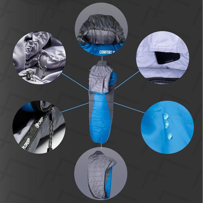 Спальний мішок EXPLORER® Comfort XL -23°C -5°C [350GSM] для дорослих, 3-4 сезони, зимовий, мумієподібний, 230x85x70 см, комбінується, для відпочинку на природі, кемпінгу, трекінгу та подорожей (Блакитний/Сірий)
