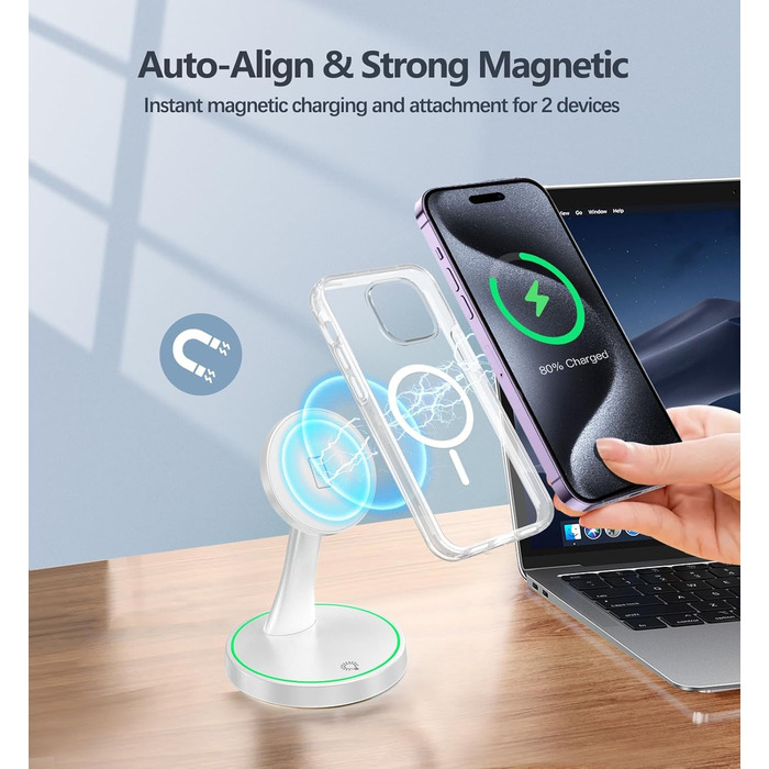 Зарядний пристрій Induktive OANDYS 2-в-1 з підтримкою MagSafe, 15W, для iPhone 17/16/15/14/13/12 та AirPods, бездротовий, з нічним світлом