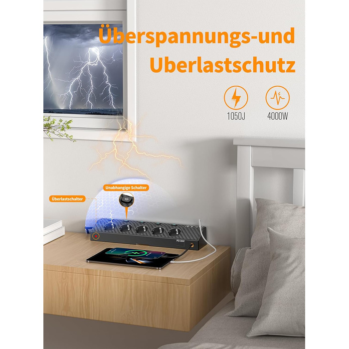 Мережевий адаптер Passus 5-фазний з 2 USB-C (PD 30W), захист від перенапруги, індивідуальне вмикання, 10-в-1, кабель 2м, чорний