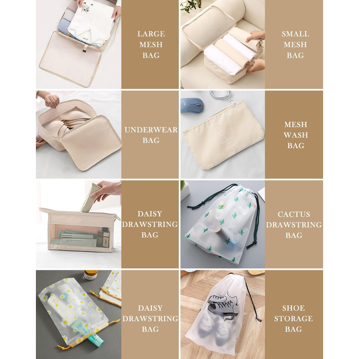 Набір органайзерів для валізи 18 шт., водонепроникні Packing Cubes, бежевий. Організатори для подорожей з чохлами для одягу