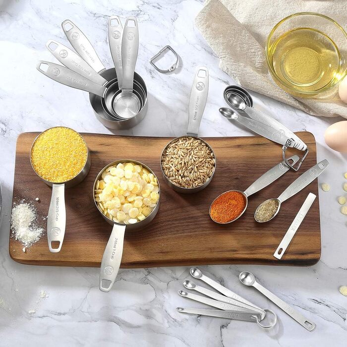 Measuring cup and spoon set, 21-piece, made of 18/8 stainless steel, durable, 8 measuring cups, 7 measuring spoons, 1 leveler & 5 mini measuring spoons, ideal for dry and liquid ingredients