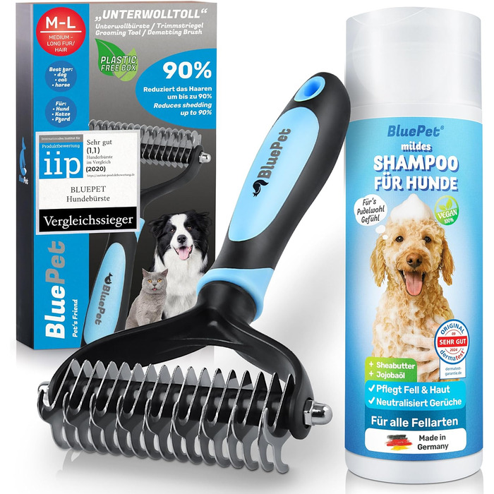Щітка для собак та котів з довгим хутром BluePet: видаляє підшерстя та ковтуни, захищає верхній шар, ідеально для линьки (M-L породи, M-L + шампунь)