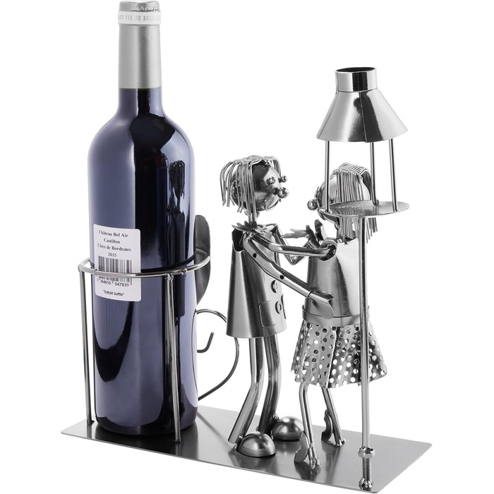 BRUBAKER Wine Bottle Holder, Loving Couple with Lantern for Tealight - Metal Sculpture Bottle Stand - 26.5 cm - Wine Gift for Couples, Pair Gift - with Greeting Card