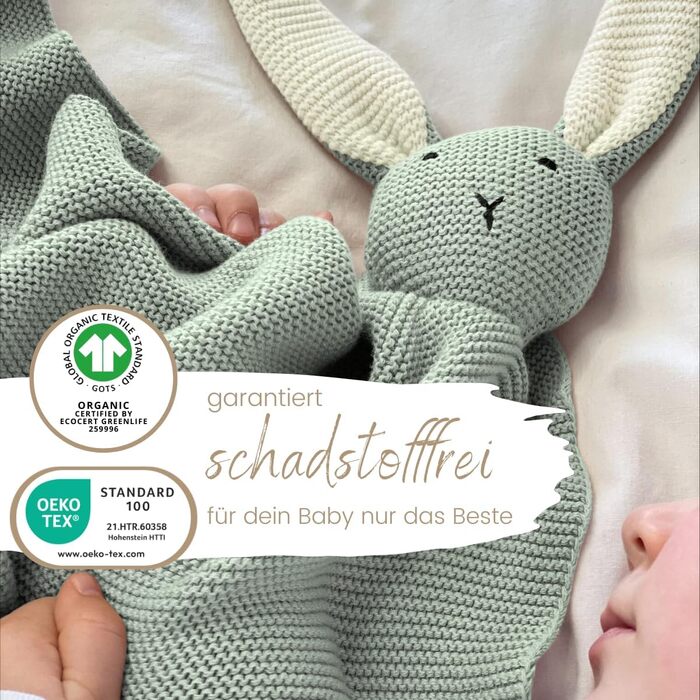 DIKOS® Original Baby Blanket SCHMUSE-HASE Mint | GOTS Organic Cotton Baby Blanket Knitted Blanket with Plush Toy for Girls/Boys | Snuggle Blanket, Cuddle Blanket, Baby Starter Set, Gift for Birth