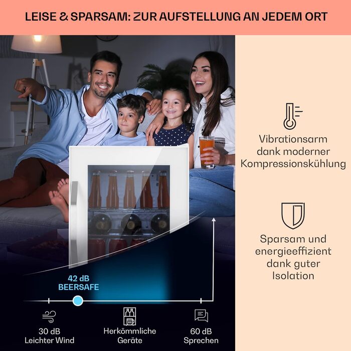 Міні-холодильник Klarstein з дверцятами зі скла, для кімнати, барний холодильник з регульованими полицями, компактний, для дому/на вулицю, тихий (33 л, білий)
