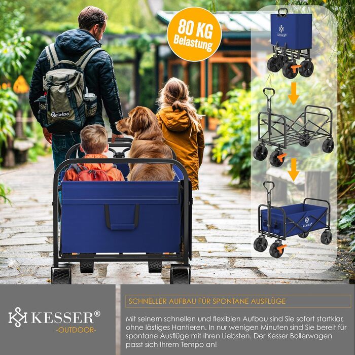 Візок-телега KESSER® складний вантажний, до 150 кг, з PVC колесами 360°, синій/чорний - для саду та транспорту