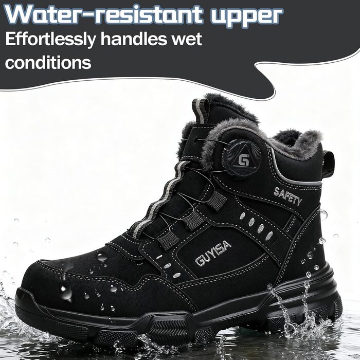 Черевики робочі зимові чоловічі/жіночі, зимові безпечні черевики з підкладкою, водонепроникні, черевики безпеки зі сталевим підноском, антиковзаючі, теплі, зі швидкою застібкою, самозатягуючі, 36-46 EU (Чорний, 46 EU)