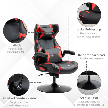Vinsetto Adjustable Gaming Chair with Rocking Function, Ergonomic, Speakers, Lumbar and Headrest Support, Faux Leather