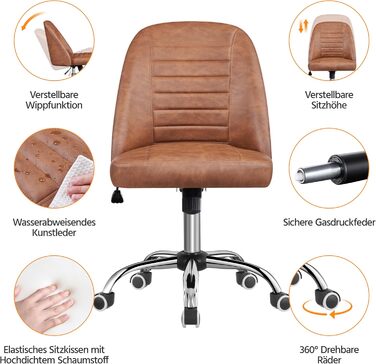 Офісне крісло Yaheetech без підлокітників, поворотне, на роликах, регульоване по висоті, арт-декор коричневе, штучна шкіра