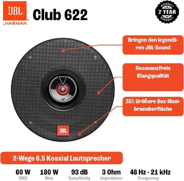 Автоакустика JBL Club 622 від Harman Kardon, 2-смугові динаміки 16-17 см, 180 Вт, чорні