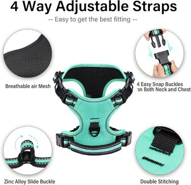 Нашийник для собак No-Pull, грудна шлейка для маленьких, середніх та великих собак - м'яка, дихаюча, регульована, світловідбиваюча, проти потягування з м'яким тримачем (L, блакитний)