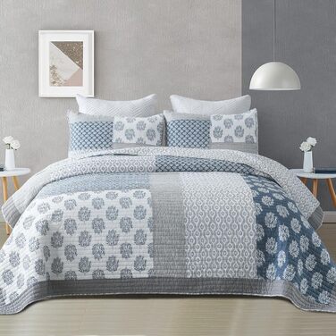 Комплект постільної білизни Finlonte Quilt Twin (1.5), блакитно-сірий-білий, 2-х частинний, 183x218 см