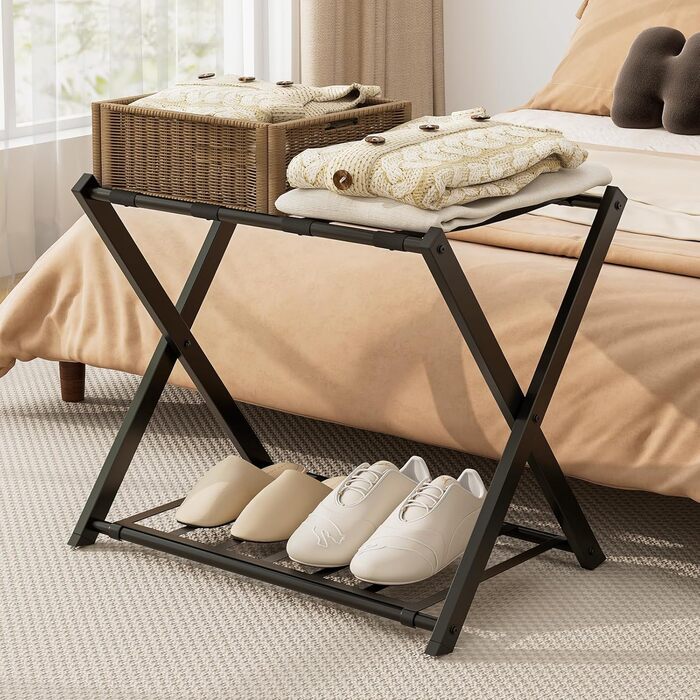 GIANTEX Folding Luggage Rack, 2-Tier, 68 x 43 x 58 cm Luggage Shelf, Baggage Rack, Metal, Space-Saving Luggage Stand for Bedroom, Guest Room, Hotel, Black (2 Pieces, Black) (1 Piece, Black)
